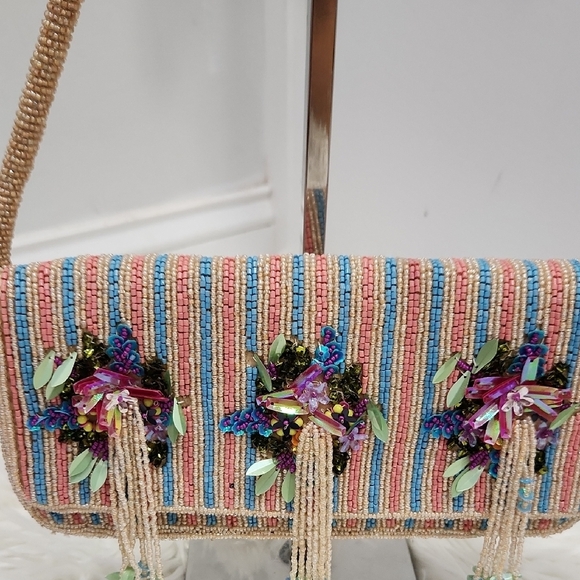 🔹️Made In india🔹️ Viral Floral Colorful Striped Beaded Fringe Shoulder Bag - Picture 2 of 10